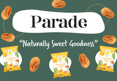 Graphic displaying parade.com's logo and Artisan Tropic's Naturally Sweet Plantain Strips