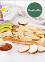 Bestseller Cutting board with Artisan Tropic's 4.5 oz Sea Salt Cassava Strips, sliced avocados and red salsa