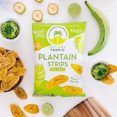 Flat lay picture of Artisan Tropic's 4.5 oz Sea Salt Plantain Strips