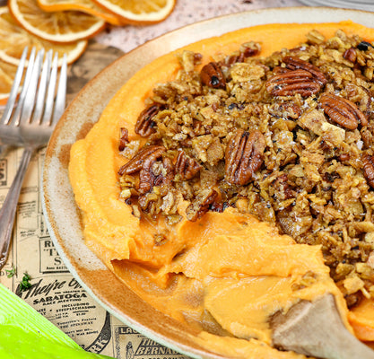 Sweet Potato Casserole with Caramelized Pecan and Plantain Strip Crumb Topping