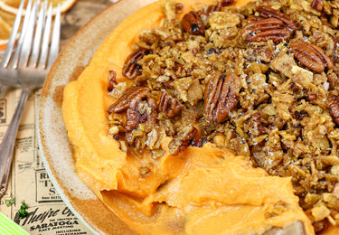 Sweet Potato Casserole with Caramelized Pecan and Plantain Strip Crumb Topping