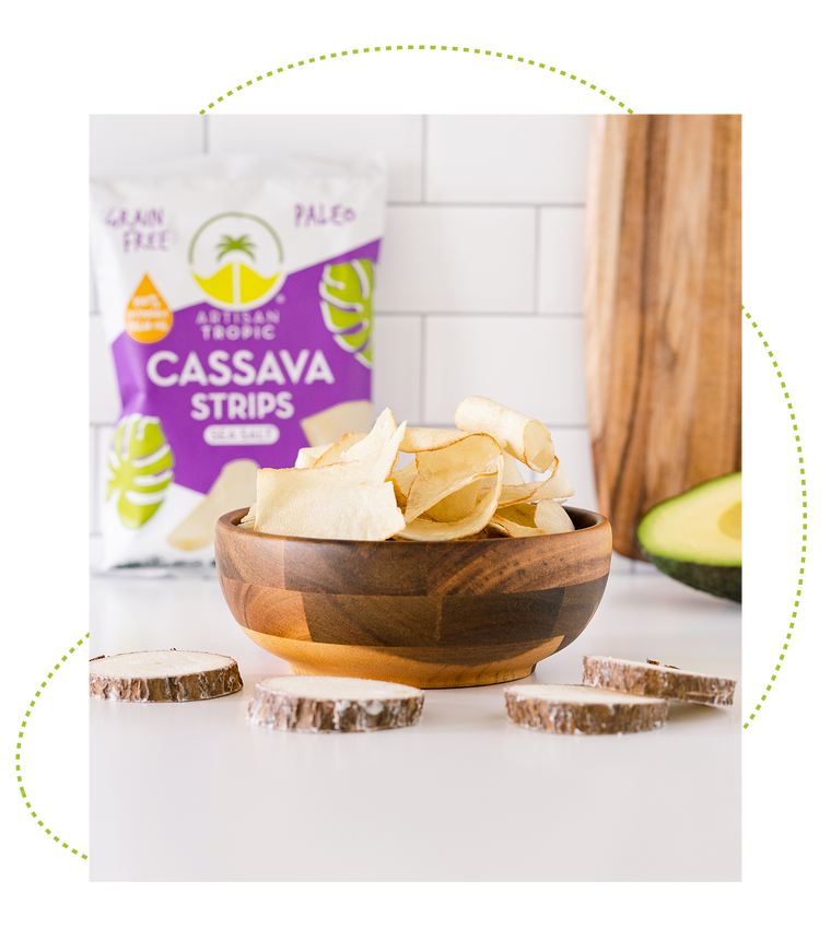Picture of Artisan Tropic's 4.5 oz Sea Salt Cassava Strips in a wooden bowl