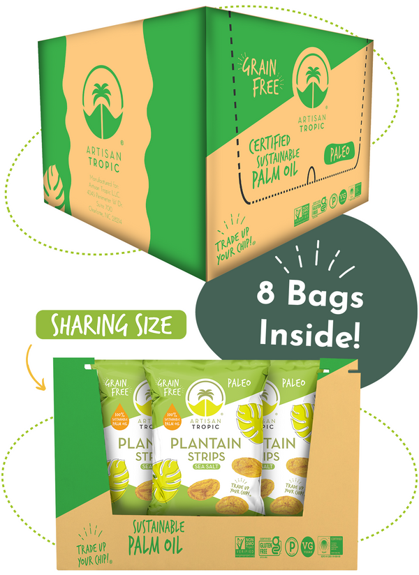 Picture Showing a Box of Artisan Tropic With Text Explaining There Are 8 Sharing Size Bags in the Box